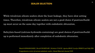 40
While tricalcium silicate sealers show the least leakage, they have slow setting
times. Therefore, tricalcium silicate sealers are not a good choice if post/core/build-
up must occur on the same day together with endodontic obturation.
Salicylate-based (calcium-hydroxide-containing) are good choices if post/core/build-
up is performed immediately after completion of endodontic obturation.
SEALER SELECTION
Takashi KOMABAYASHI1, David COLMENAR1, Nicholas CVACH1, Aparna BHAT, Carolyn PRIMUS and Yohji IMA
Comprehensive review of current endodontic sealers, Dental Materials Journal 2020
 