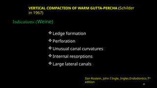 64
Ledge formation
Perforation
Unusual canal curvatures
Internal resorptions
Large lateral canals
VERTICAL COMPACTION OF WARM GUTTA-PERCHA (Schilder
in 1967)
Indications (Weine)
Ilan Rostein, John I Ingle, Ingles Endodontics 7th
edition
 