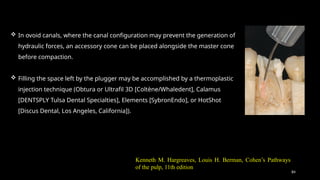 84
 In ovoid canals, where the canal configuration may prevent the generation of
hydraulic forces, an accessory cone can be placed alongside the master cone
before compaction.
 Filling the space left by the plugger may be accomplished by a thermoplastic
injection technique (Obtura or Ultrafil 3D [Coltène/Whaledent], Calamus
[DENTSPLY Tulsa Dental Specialties], Elements [SybronEndo], or HotShot
[Discus Dental, Los Angeles, California]).
Kenneth M. Hargreaves, Louis H. Berman, Cohen’s Pathways
of the pulp, 11th edition
 