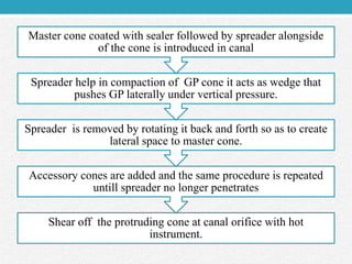 Shear off the protruding cone at canal orifice with hot
instrument.
Accessory cones are added and the same procedure is repeated
untill spreader no longer penetrates
Spreader is removed by rotating it back and forth so as to create
lateral space to master cone.
Spreader help in compaction of GP cone it acts as wedge that
pushes GP laterally under vertical pressure.
Master cone coated with sealer followed by spreader alongside
of the cone is introduced in canal
 