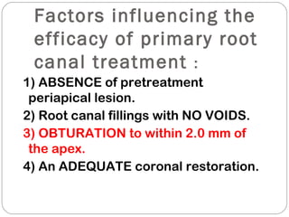 Factors influencing the
efficacy of primary root
canal treatment :
1) ABSENCE of pretreatment
periapical lesion.
2) Root canal fillings with NO VOIDS.
3) OBTURATION to within 2.0 mm of
the apex.
4) An ADEQUATE coronal restoration.
 