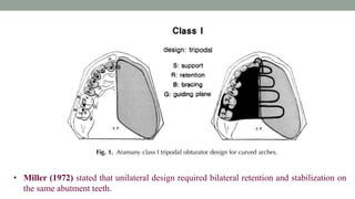 • Miller (1972) stated that unilateral design required bilateral retention and stabilization on
the same abutment teeth.
 