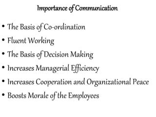 • The Basis of Co-ordination
• Fluent Working
• The Basis of Decision Making
• Increases Managerial Efficiency
• Increases Cooperation and Organizational Peace
• Boosts Morale of the Employees
Importance of Communication
 