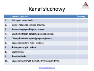 Kanał słuchowy
Spróbuj usłyszeć Punkty
1. Pisk opon samochodu.
2. Odgłos rąbanego siekierą drewna.
3. Szum małego górskiego strumyka.
4. Gruchanie trzech gołębi na parapecie okna.
5. Dźwięk kamienia wpadającego do jeziora.
6. Dźwięk suszarki w małej łazience.
7. Śpiew porannych ptaków.
8. Szum morza.
9. Śmiech dziecka.
10. Dźwięk otwieranych ciężkich, drewnianych drzwi.
www.agatalimanowka.pl
 