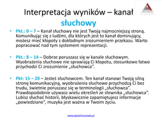 Interpretacja wyników – kanał
słuchowy
• Pkt.: 0 – 7 – Kanał słuchowy nie jest Twoją najmocniejszą stroną.
Komunikując się z ludźmi, dla których jest to kanał dominujący,
możesz mieć kłopoty z dokładnym zrozumieniem przekazu. Warto
popracować nad tym systemem reprezentacji.
• Pkt.: 8 – 14 – Dobrze poruszasz się w kanale słuchowym.
Wyobrażenia słuchowe nie sprawiają Ci kłopotu, stosunkowo łatwo
przychodzi Ci zrozumienie „słuchowca”.
• Pkt: 15 – 20 – Jesteś słuchowcem. Ten kanał stanowi Twoją silną
stronę komunikacyjną, wyobrażenia słuchowe przychodzą Ci bez
trudu, świetnie poruszasz się w terminologii „słuchowca”.
Prawdopodobnie używasz wielu określeń ze słownika „słuchowca”.
Lubisz słuchać historii, błyskawicznie zapamiętujesz informacje
„powiedziane”, muzyka jest ważna w Twoim życiu.
www.agatalimanowka.pl
 