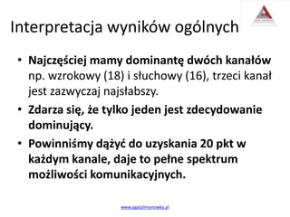 Interpretacja wyników ogólnych
• Najczęściej mamy dominantę dwóch kanałów
np. wzrokowy (18) i słuchowy (16), trzeci kanał
jest zazwyczaj najsłabszy.
• Zdarza się, że tylko jeden jest zdecydowanie
dominujący.
• Powinniśmy dążyć do uzyskania 20 pkt w
każdym kanale, daje to pełne spektrum
możliwości komunikacyjnych.
www.agatalimanowka.pl
 