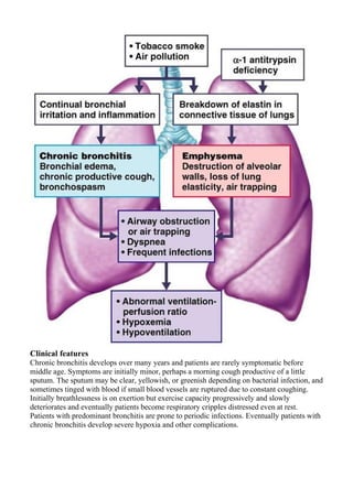 Clinical features 
Chronic bronchitis develops over many years and patients are rarely symptomatic before 
middle age. Symptoms are initially minor, perhaps a morning cough productive of a little 
sputum. The sputum may be clear, yellowish, or greenish depending on bacterial infection, and 
sometimes tinged with blood if small blood vessels are ruptured due to constant coughing. 
Initially breathlessness is on exertion but exercise capacity progressively and slowly 
deteriorates and eventually patients become respiratory cripples distressed even at rest. 
Patients with predominant bronchitis are prone to periodic infections. Eventually patients with 
chronic bronchitis develop severe hypoxia and other complications. 
 