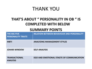 THANK YOU
THAT’S ABOUT “ PERSONALITY IN OB “ IS
COMPLETED WITH BELOW
SUMMARY POINTS
THE BIG FIVE
PERSONALITY TRAITS
RELATI...