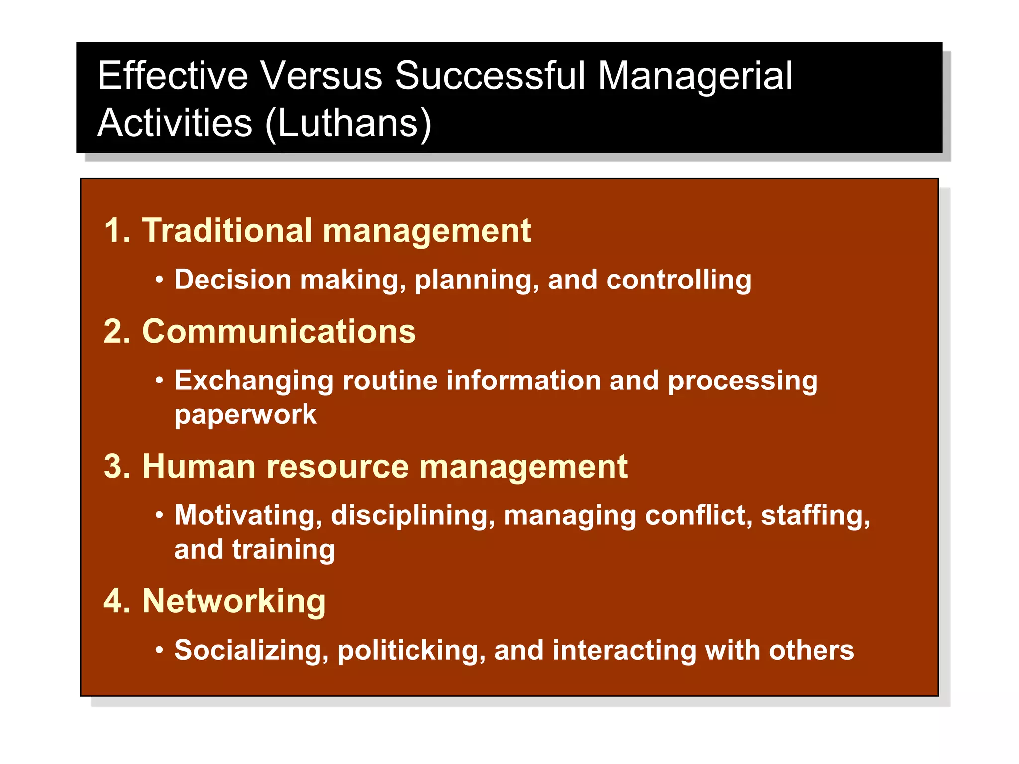 Effective Versus Successful Managerial
Activities (Luthans)
1. Traditional management
• Decision making, planning, and controlling
2. Communications
• Exchanging routine information and processing
paperwork
3. Human resource management
• Motivating, disciplining, managing conflict, staffing,
and training
4. Networking
• Socializing, politicking, and interacting with others
 