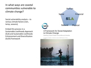 In what ways are coastal
communities vulnerable to                     Human
climate change?
                                     Social           Financial

Social vulnerability analysis – to
various climate factors (rain,
temp, seasons)
                                       Natural    Physical
Embed this process in a
Sustainable Livelihoods Approach
(SLA) and Sustainable Livelihoods
Enhancement and Diversification
(SLED) framework
 