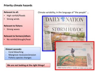 Priority climate hazards

Relevant to all:                   Climate variability, in the language of “the people” …
• High rainfall/floods
• Strong winds

Relevant to fishers:
• Strong waves

Relevant to farmers/others
• No rainfall/drought/heat



 Distant seconds:
 - Coral bleaching
 - Mangrove recession/erosion
 - Fishery species changes


   We are not looking at the right things!
 