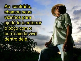 Ao contrário,
chamou seus
vizinhos para
ajudá-lo a enterrar
o poço com o
burro ainda vivo
dentro dele.
 