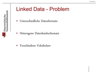 15 Mai 2013
Linked Data - Problem
• Unterschiedliche Datenformate
• Heterogene Datenbankschemata
• Verschiedene Vokabulare
 