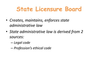 State Licensure Board
• Creates, maintains, enforces state
administrative law
• State administrative law is derived from 2
sources:
– Legal code
– Profession’s ethical code
 