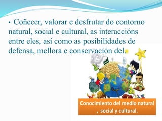 • Coñecer, valorar e desfrutar do contorno 
natural, social e cultural, as interaccións 
entre eles, así como as posibilidades de 
defensa, mellora e conservación del. 
 