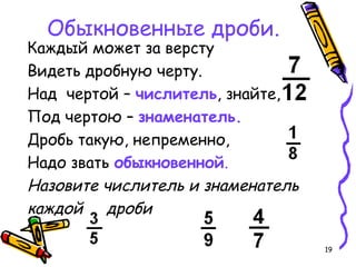 19
Обыкновенные дроби.
Каждый может за версту
Видеть дробную черту.
Над чертой – числитель, знайте,
Под чертою – знаменатель.
Дробь такую, непременно,
Надо звать обыкновенной.
Назовите числитель и знаменатель
каждой дроби
 