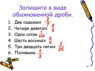 22
Запишите в виде
обыкновенной дроби.
1. Две седьмых
2. Четыре девятых
3. Одна сотая
4. Шесть восьмых
5. Три двадцать пятых
6. Половина
 