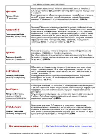 Обзор заработных плат в сфере IT/Telecom в Санкт-Петербурге.



                                              "Обзор охватывает широкий перечень должностей, данные по которым
SperaSoft                                     были предоставлены большим количеством участвовавших в исследовании
                                              IT компаний.
                                              Отчет предоставляет объективную информацию по заработным платам на
Попова Юлия,
                                              рынке IT, а также содержит подробное описание позиций. Благодарим
HR менеджер
                                              компанию "IT-Доминанта" за проведенное исследование." 03.2010г.



                                              "Команда IT-Доминанты продемонстрировала высокий профессионализм
Аларити СПб                                   при проведении исследования IT рынка труда. Содержание представленных
                                              в отчете статистических данных и наглядность формы их представления
Племянникова Нина,                            позволили нам с одной стороны оценить конкурентную способность нашей
менеджер по персоналу                         компании на рынке труда, а с другой убедить учредителей и инвесторов в
                                              необходимости коррекции некоторых мотивационных программ. Надеемся
                                              на расширение круга респондентов, чтобы результаты исследования
                                              носили еще более объективный характер." 03.2010г.




                                              "Считаю очень важным отметить инициативу компании IT-Доминанта по
Аркадия                                       организации и проведению такого исследования.
                                              Сам обзор несомненно представляет интерес для нашей компании. Было
Дорошин Андрей,                               бы весьма полезным иметь возможность получать такую информацию хотя
директор по персоналу                         бы раз в год." 03.2010г.



                                              "Обзор зарплат показался нам полезен с точки зрения получения некого
                                              «среза» по сегменту рынка ИТ, а также информацией по структуре соц
СофтБаланс                                    пакета компаний и возможностью «откалиброваться» - найти свое место
                                              среди ИТ компаний СПб.
Евстафьева Марина,                            Формирует обобщенную картинку состояния предложений по условиям
директор по персоналу                         работы рынка ИТ в СПб. Т.е. позволяет использовать элементы
                                              бенчмаркинга." 03.2010г.


                                              "Благодарим компанию IT-Доминанта за проведенное исследование рынка
                                              IT в Сакнт-Петербурге. Отчет предоставляет наиболее полную информацию
TotalObjects                                  по заработных платам и компенсациям, содержит подробное описание
                                              должностей.
Комарова Светлана,                            Полученная информация дала нам возможность оценить состояние рынка
начальник отдела                              IT в Санкт-Петербурге, провести сравнительный анализ положения
управления персоналом                         компании на рынке труда." 03.2011г.


                                              "Благодарим компанию IT-Доминанта за качественно проведенное
ETNA Software                                 исследование и информативный отзыв. В отчете представлены полные,
                                              полезные, исчерпывающие данные, которые чрезвычайно полезны как с
Носкова Екатерина,                            точки зрения оценки общий динамике на рынке труда в IT-сфере, так и для
менеджер по персоналу                         оценки ситуации по конкретным позициям." 03.2011г.




   Все отзывы на нашем сайте:                                                http://www.it-dominanta.ru/it_salary_survey_response.asp


   Рекрутинговая компания IT-Доминанта (http://www.it-dominanta.ru). Тел. +7(812)449-04-00. Санкт-Петербург, 2012 г. Все права защищены.   Страница 11
 