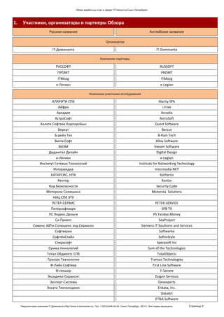 Обзор заработных плат в сфере IT/Telecom в Санкт-Петербурге.




1.    Участники, организаторы и партнеры Обзора
                             Русское название                                                                        Английское название

                                                                               Организатор

                                IT-Доминанта                                                                               IT-Dominanta

                                                                          Компании-партнеры

                                   РУССОФТ                                                                                    RUSSOFT
                                     ПРОМТ                                                                                     PROMT
                                     ITMozg                                                                                    ITMozg
                                   e-Легион                                                                                   e-Legion

                                                                Компании-участники исследования

                                АЛАРИТИ СПБ                                                                                  Alarity SPb
                                     Айфри                                                                                      i-Free
                                    Аркадия                                                                                    Arcadia
                                  АстроСофт                                                                                   AstroSoft
                      Аэлита Софтвэа Корпорэйшн                                                                           Quest Software
                                     Беркут                                                                                     Bercut
                                  Б-рейн Тех                                                                                B-Rain Tech
                                  Виста Софт                                                                              Alloy Software
                                      ВИЭМ                                                                               Veeam Software
                             Диджитал Дизайн                                                                               Digital Design
                                   е-Легион                                                                                   e-Legion
                     Институт Сетевых Технологий                                                            Institute for Networking Technology
                                 Интермедиа                                                                               Intermedia.NET
                               КАТАРСИС, НПК                                                                                  Katharsis
                                     Кентор                                                                                    Kentor
                             Код Безопасности                                                                              Security Code
                           Моторола Солюшинз                                                                           Motorola Solutions
                                 НИЦ СПб ЭТУ
                                ПЕТЕР-СЕРВИС                                                                              PETER-SERVICE
                               Питерсофтваре                                                                                   SPB TV
                             ПС Яндекс.Деньги                                                                           PS Yandex.Money
                                   Си Проект                                                                                 SeaProject
               Сименс АйТи Солюшенс энд Сервисез                                                              Siemens IT Soultions and Services
                                  Софтверке                                                                                  Softwerke
                                СофтИнСтайл                                                                                  SoftInStyle
                                  Сперасофт                                                                                Sperasoft Inc
                             Сумма технологий                                                                       Sum of the Technologies
                           Тотал Обджектс СПб                                                                               TotalObjects
                            Транзас Технологии                                                                        Transas Technologies
                              Ф-Лайн Софтвер                                                                            First Line Software
                                   Ф-секьюр                                                                                   F-Secure
                            Эксиджен Сервисис                                                                             Exigen Services
                              Эксперт-Система                                                                               Devexperts
                           Энката Технолоджис                                                                               Enkata, Inc.
                                                                                                                               DataArt
                                                                                                                          ETNA Software
     Рекрутинговая компания IT-Доминанта (http://www.it-dominanta.ru). Тел. +7(812)449-04-00. Санкт-Петербург, 2012 г. Все права защищены.    Страница 2
 
