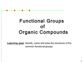 1
Functional Groups
of
Organic Compounds
Learning goal: Identify, name and draw the structures of the
common functional groups.
 