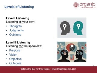 Level I Listening
Listening to your own:
• Thoughts
• Judgments
• Opinions
Level II Listening
Listening for the speaker’s:...