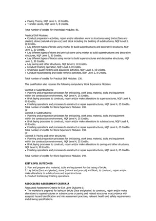  Paving Theory, NQF Level 4, 10 Credits.
 Transfer Levels, NQF Level 4, 8 Credits.
Total number of credits for Knowledge Modules: 85.
Practical Skill Modules:
 Conduct preparatory activities, repair and/or alteration work to structures using bricks (face and
plaster), stone (natural and pre-cut) and block including the building of substructures, NQF Level 3,
10 Credits.
 Lay different types of bricks using mortar to build superstructures and decorative structures, NQF
Level 3, 30 Credits.
 Lay different types of stone and pre-cut stone using mortar to build superstructures and decorative
structures, NQF Level 3, 30 Credits.
 Lay different types of blocks using mortar to build superstructures and decorative structures, NQF
Level 3, 30 Credits.
 Lay paving and other structures, NQF Level 3, 10 Credits.
 Conduct finishing operation, NQF Level 2, 8 Credits.
 Undertake quality testing and assurance activities, NQF Level 3, 10 Credits.
 Conduct housekeeping and waste removal activities, NQF Level 2, 8 Credits.
Total number of credits for Practical Skill Modules: 136.
This qualification also requires the following compulsory Work Experience Modules:
Context 1: Superstructures:
 Planning and preparation processes for bricklaying, work area, material, tools and equipment
within the construction environment, NQF Level 4, 25 Credits.
 Brick laying processes to construct, repair and/or make alterations to superstructures, NQF Level 4,
90 Credits.
 Finishing operations and processes to construct or repair superstructures, NQF Level 4, 25 Credits.
Total number of credits for Work Experience Modules: 140.
Or
Context 2: Substructures:
 Planning and preparation processes for bricklaying, work area, material, tools and equipment
within the construction environment, NQF Level 4, 25 Credits.
 Brick laying processes to construct, repair and/or make alterations to substructures, NQF Level 4,
90 Credits.
 Finishing operations and processes to construct or repair superstructures, NQF Level 4, 25 Credits.
Total number of credits for Work Experience Modules: 140.
Or
Context 3: Paving and other structures:
 Planning and preparation processes for bricklaying, work area, material, tools and equipment
within the construction environment, NQF Level 4, 25 Credits.
 Brick laying processes to construct, repair and/or make alterations to paving and other structures,
NQF Level 4, 90 Credits.
 Finishing operations and processes to construct or repair superstructures, NQF Level 4, 25 Credits.
Total number of credits for Work Experience Modules: 140.
EXIT LEVEL OUTCOMES
1. Plan and prepare site, material, tools and equipment for the laying of bricks.
2. Lay bricks (face and plaster), stone (natural and pre-cut) and block, to construct, repair and/or
make alterations to substructures and superstructures.
3. Conduct bricklaying finishing operations.
ASSOCIATED ASSESSMENT CRITERIA
Associated Assessment Criteria for Exit Level Outcome 1:
 The worksite is prepared for laying of bricks (face and plaster) to construct, repair and/or make
alterations to superstructures or substructures or paving and related structures in accordance with
accepted hazard identification and risk assessment practices, relevant health and safety requirements
and drawing specifications.
 
