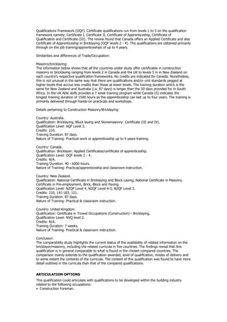 Qualifications Framework (OQF). Certificate qualifications run from levels 1 to 5 on the qualification
framework namely; Certificate I, Certificate II, Certificate of Apprenticeship, Certificate of
Qualification and Certificate (III). The review found that Canada offers an Applied Certificate and also
Certificate of Apprenticeship in Bricklaying (OQF levels 2 - 4). The qualifications are obtained primarily
through on the job training/apprenticeships of up to 4 years.
Similarities and differences of Trade/Occupation:
Masonry/bricklaying:
The information below shows that all the countries under study offer certificates in construction
masonry or bricklaying ranging from levels 2 in Canada and the UK to levels 5 in in New Zealand on
each country's respective qualification frameworks. No credits are indicated for Canada. Nonetheless,
this is not unusual in the same way that there are qualifications and/or unit standards pegged at
higher levels that accrue less credits than those at lower levels. The training duration which is the
same for New Zealand and Australia (i.e. 87 days) is longer than the 50 days provided for in South
Africa. In the UK Able skills provides a 7 week training program while Canada (S) indicates the
longest training duration of 1500 hours as the apprenticeship can last up to four years. The training is
primarily delivered through hands-on practicals and workshops.
Details pertaining to Construction Masonry/Bricklaying:
Country: Australia.
Qualification: Bricklaying, Block laying and Stonemasonry: Certificate (III and IV).
Qualification Level: AQF Level 3.
Credits: 210.
Training Duration: 87 days.
Nature of Training: Practical work or apprenticeship up to 4 years training.
Country: Canada.
Qualification: Bricklayer: Applied Certificates/certificate of apprenticeship.
Qualification Level: OQF levels 2 - 4.
Credits: N/A.
Training Duration: 40 - 6000 hours.
Nature of Training: Practical/apprenticeship and classroom instruction.
Country: New Zealand.
Qualification: National Certificate in Bricklaying and Block Laying, National Certificate in Masonry,
Certificate in Pre-employment, Brick, Block and Paving.
Qualification Level: NZQF Level 4, NZQF Level 4-5, NZQF Level 3.
Credits: 210, 141-183, 121.
Training Duration: 87 days.
Nature of Training: Practical & classroom instruction.
Country: United Kingdom.
Qualification: Certificate in Trowel Occupations (Construction) - Bricklaying.
Qualification Level: NVQ level 2.
Credits: N/A.
Training Duration: 7 weeks.
Nature of Training: Practical & classroom instruction.
Conclusion:
The comparability study highlights the current status of the availability of related information on the
bricklayer/masonry, including the related curricula in five countries. The findings reveal that this
qualification is in general comparable to what is found in the chosen compared countries. The
comparison mainly extends to the qualification awarded, level of qualification, modes of delivery and
to some extent the contents of the curricula. The content of this qualification was found to have more
detail outlined in the curricula than that of the compared qualifications.
ARTICULATION OPTIONS
This qualification could articulate with qualifications to be developed within the building industry
related to the following occupations:
 Construction Foreman.
 