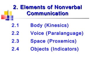 2. Elements of Nonverbal2. Elements of Nonverbal
CommunicationCommunication
2.1 Body (Kinesics)
2.2 Voice (Paralanguage)
2.3 Space (Proxemics)
2.4 Objects (Indicators)
 