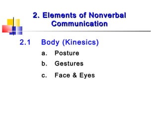 2. Elements of Nonverbal2. Elements of Nonverbal
CommunicationCommunication
2.1 Body (Kinesics)
a. Posture
b. Gestures
c. Face & Eyes
 