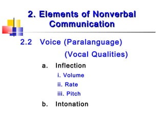 2. Elements of Nonverbal2. Elements of Nonverbal
CommunicationCommunication
2.2 Voice (Paralanguage)
(Vocal Qualities)
a. Inflection
i. Volume
ii. Rate
iii. Pitch
b. Intonation
 
