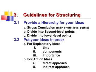 3.3. Guidelines for StructuringGuidelines for Structuring
3.1 Provide a Hierarchy for your Ideas
a. Stress Conclusion (Main or first-level points)
b. Divide into Second-level points
c. Divide into lower-level points
3.2 Put your Ideas in order
a. For Explanatory Ideas
i. time
ii. components
iii. importance
b. For Action Ideas
i. direct approach
ii. Indirect approach
 