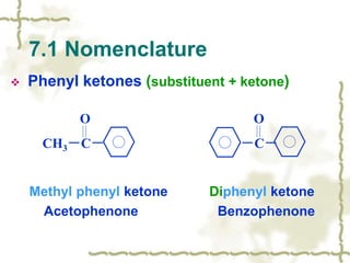  Phenyl ketones (substituent + ketone)
Methyl phenyl ketone Diphenyl ketone
Acetophenone Benzophenone
7.1 Nomenclature
O O
CH3－C－ －C－
 