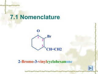 O
CH=CH2
Br
1
2
3
2-Bromo-3-vinylcyclohexanone
7.1 Nomenclature
 