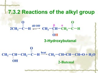 3-Hydroxybutanal
7.3.2 Reactions of the alkyl group
O O
2CH3－C－H CH3－CH－CH2－C－H
OH
dil OH- β α
O
CH3－CH－CH2－C－H CH3－CH=CH－CH=O + H2O
OH
heat
2-Butenal
 