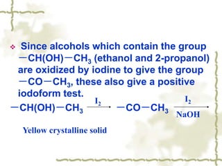  Since alcohols which contain the group
－CH(OH)－CH3 (ethanol and 2-propanol)
are oxidized by iodine to give the group
－CO－CH3, these also give a positive
iodoform test.
－CH(OH)－CH3 －CO－CH3
I2
I2
NaOH
Yellow crystalline solid
 