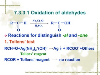 7.3.3.1 Oxidation of aldehydes
 Reactions for distinguish -al and -one
1. Tollens’ test
RCH=O+Ag(NH3)2
+(OH)- Ag↓+ RCOO- +Others
RCOR + Tollens’ reagent no reaction
R－C－H R－C－OH
O O
Na2Cr2O7
H2SO4
Tollens’ reagent
 