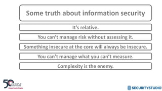 Some truth about information security
It’s relative.
Something insecure at the core will always be insecure.
You can’t manage what you can’t measure.
You can’t manage risk without assessing it.
Complexity is the enemy.
 