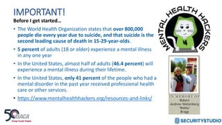 IMPORTANT!
Before I get started…
• The World Health Organization states that over 800,000
people die every year due to suicide, and that suicide is the
second leading cause of death in 15-29-year-olds.
• 5 percent of adults (18 or older) experience a mental illness
in any one year
• In the United States, almost half of adults (46.4 percent) will
experience a mental illness during their lifetime.
• In the United States, only 41 percent of the people who had a
mental disorder in the past year received professional health
care or other services.
• https://www.mentalhealthhackers.org/resources-and-links/
 