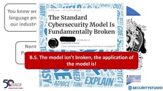 You know we have an
language problem in
our industry, right?
Normal
People See
Us Like
AI
Blockchain
Penetration Test
Vulnerability
Management
NIST CSF
RiskRisk
Management
Containers
Incident
Management
Cyber
Insurance
Threats
Maturity
Assessment
Malware
Security
Cryptography
Breach
APT
B.S. The model isn’t broken, the application of
the model is!
 