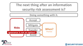 The next thing after an information
security risk assessment is?
Doing something with it.
Risks
Accept
Mitigate
Transfer
A...