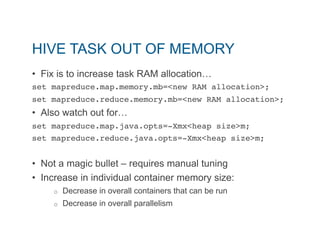 HIVE TASK OUT OF MEMORY 
• Fix is to increase task RAM allocation… 
set mapreduce.map.memory.mb=<new RAM allocation>; " 
set mapreduce.reduce.memory.mb=<new RAM allocation>;" 
• Also watch out for… 
set mapreduce.map.java.opts=-Xmx<heap size>m; " 
set mapreduce.reduce.java.opts=-Xmx<heap size>m; " 
• Not a magic bullet – requires manual tuning 
• Increase in individual container memory size: 
o Decrease in overall containers that can be run 
o Decrease in overall parallelism 
 