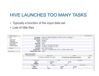 HIVE LAUNCHES TOO MANY TASKS 
• Typically a function of the input data set 
• Lots of little files 
 