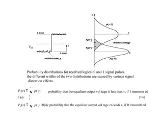Probability distributions for received logical 0 and 1 signal pulses.
the different widths of the two distributions are caused by various signal
distortion effects.
vth


P0(v)   p( y | 0)dy probablity that the equalizer output vol tage exceeds v, if 0 transmitt ed
v
v
P1(v)   p( y |
1)dy
probablity that the equalizer output vol tage is less than v, if 1 transmitt ed
[7-6]
 