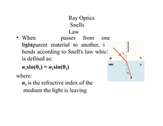 Ray Optics
Snells
Law
• When
light
passes from one
t
h
transparent material to another, i
bends according to Snell's law whic
is defined as:
n1sin(θ1) = n2sin(θ2)
where:
n1 is the refractive index of the
medium the light is leaving
 