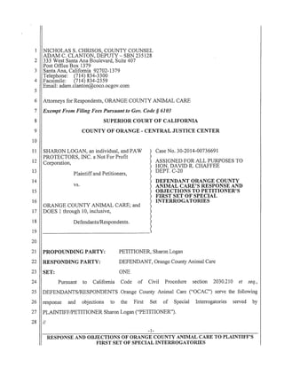 Orange County Objections to Sharon Logan Lawsuit: re OCAC (OC Animal Care)