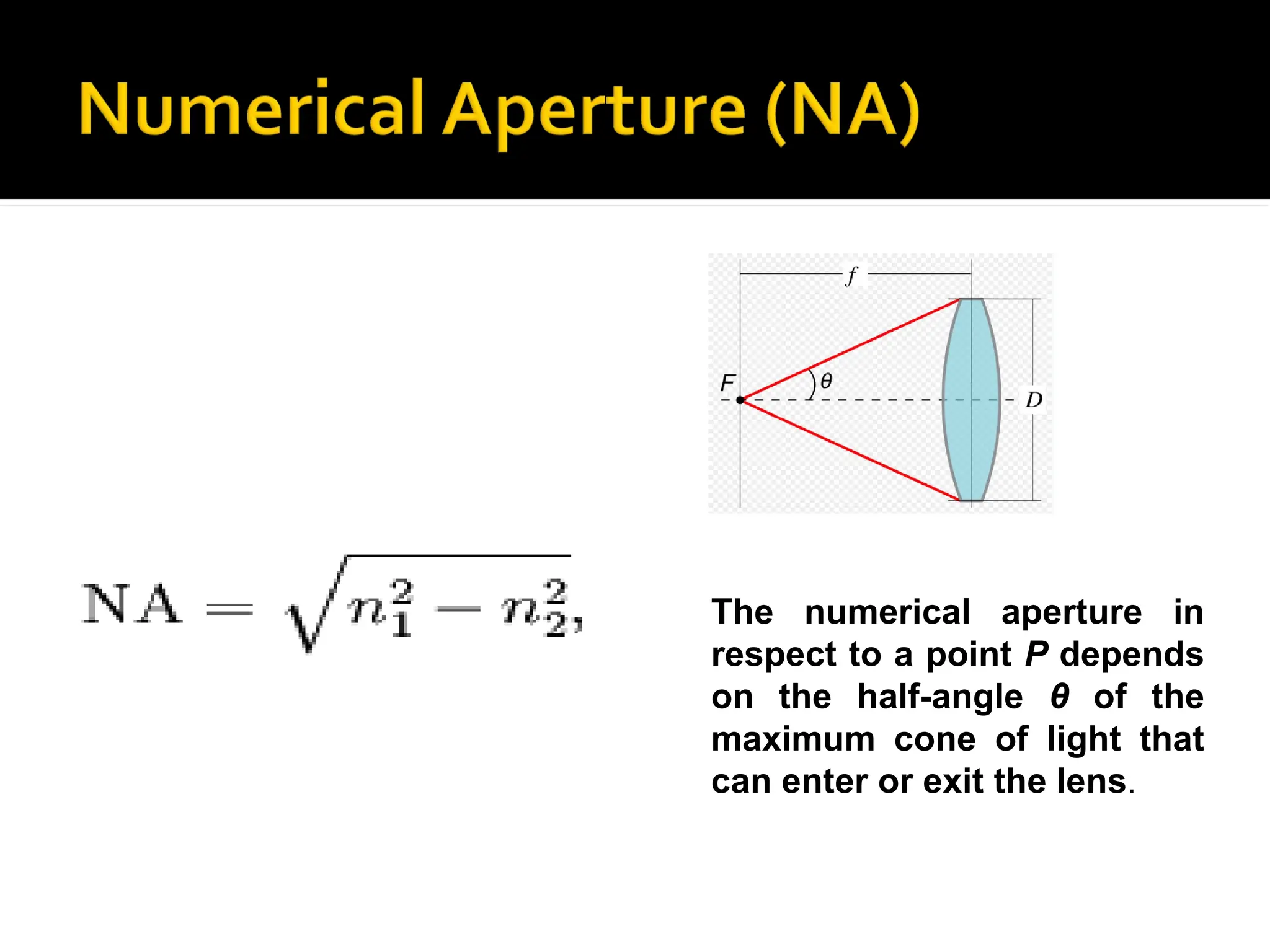 The numerical aperture in
respect to a point P depends
on the half-angle θ of the
maximum cone of light that
can enter or exit the lens.
 