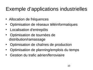 Exemple d’applications industrielles
• Allocation de fréquences
•  Optimisation de réseaux téléinformatiques
•  Localisation d'entrepôts
•  Optimisation de tournées de
  distribution/ramassage
• Optimisation de chaînes de production
• Optimisation de planning/emplois du temps
• Gestion du trafic aérien/ferroviaire

                                     10
 