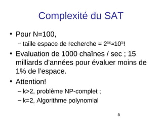 Complexité du SAT
• Pour N=100,
  – taille espace de recherche = 2100≈1030!
• Evaluation de 1000 chaînes / sec ; 15
  milliards d’années pour évaluer moins de
  1% de l’espace.
• Attention!
  – k>2, problème NP-complet ;
  – k=2, Algorithme polynomial

                                        5
 