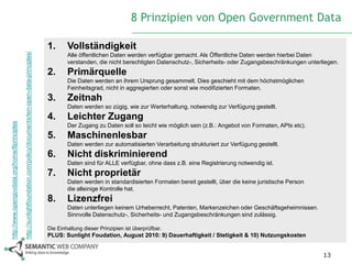 8 Prinzipien von Open Government Data

                                                                                                                         1.      Vollständigkeit
                                              http://sunlightfoundation.com/policy/documents/ten-open-data-principles/



                                                                                                                                 Alle öffentlichen Daten werden verfügbar gemacht. Als Öffentliche Daten werden hierbei Daten
                                                                                                                                 verstanden, die nicht berechtigten Datenschutz-, Sicherheits- oder Zugangsbeschränkungen unterliegen.
                                                                                                                         2.      Primärquelle
                                                                                                                                 Die Daten werden an ihrem Ursprung gesammelt. Dies geschieht mit dem höchstmöglichen
                                                                                                                                 Feinheitsgrad, nicht in aggregierten oder sonst wie modifizierten Formaten.
                                                                                                                         3.      Zeitnah
                                                                                                                                 Daten werden so zügig, wie zur Werterhaltung, notwendig zur Verfügung gestellt.
                                                                                                                         4.      Leichter Zugang
http://www.opengovdata.org/home/8principles




                                                                                                                                 Der Zugang zu Daten soll so leicht wie möglich sein (z.B.: Angebot von Formaten, APIs etc).
                                                                                                                         5.      Maschinenlesbar
                                                                                                                                 Daten werden zur automatisierten Verarbeitung strukturiert zur Verfügung gestellt.
                                                                                                                         6.      Nicht diskriminierend
                                                                                                                                 Daten sind für ALLE verfügbar, ohne dass z.B. eine Registrierung notwendig ist.
                                                                                                                         7.      Nicht proprietär
                                                                                                                                 Daten werden in standardisierten Formaten bereit gestellt, über die keine juristische Person
                                                                                                                                 die alleinige Kontrolle hat.
                                                                                                                         8.      Lizenzfrei
                                                                                                                                 Daten unterliegen keinem Urheberrecht, Patenten, Markenzeichen oder Geschäftsgeheimnissen.
                                                                                                                                 Sinnvolle Datenschutz-, Sicherheits- und Zugangsbeschränkungen sind zulässig.

                                                                                                                         Die Einhaltung dieser Prinzipien ist überprüfbar.
                                                                                                                         PLUS: Sunlight Foudation, August 2010: 9) Dauerhaftigkeit / Stetigkeit & 10) Nutzungskosten


                                                                                                                                                                                                                                13
 