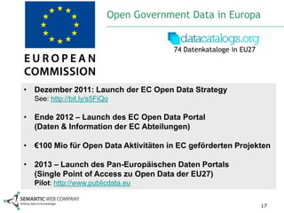 Open Government Data in Europa


                                       74 Datenkataloge in EU27




• Dezember 2011: Launch der EC Open Data Strategy
  See: http://bit.ly/s5FiQo

• Ende 2012 – Launch des EC Open Data Portal
  (Daten & Information der EC Abteilungen)

• €100 Mio für Open Data Aktivitäten in EC geförderten Projekten

• 2013 – Launch des Pan-Europäischen Daten Portals
  (Single Point of Access zu Open Data der EU27)
  Pilot: http://www.publicdata.eu


                                                                  17
 